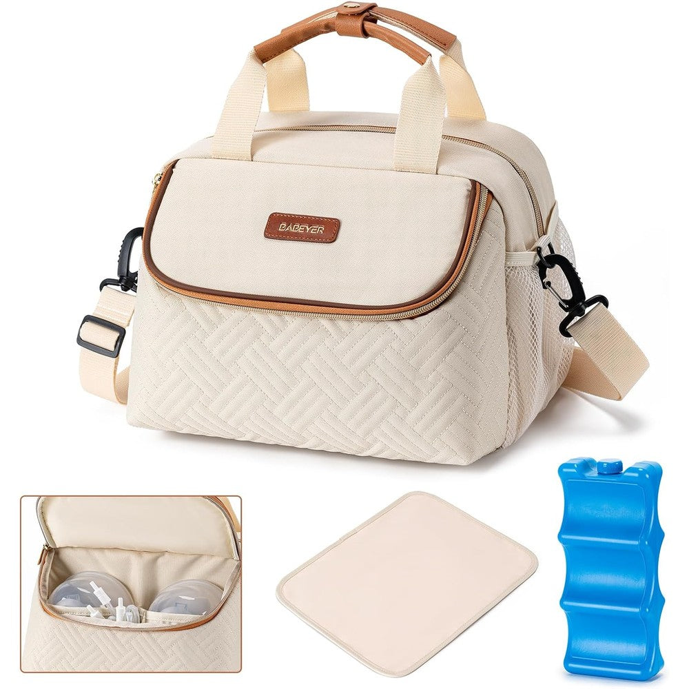 Babeyer breastmilk cooler bag front view with cream fabric and tan accents