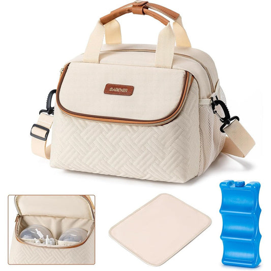 Babeyer breastmilk cooler bag front view with cream fabric and tan accents