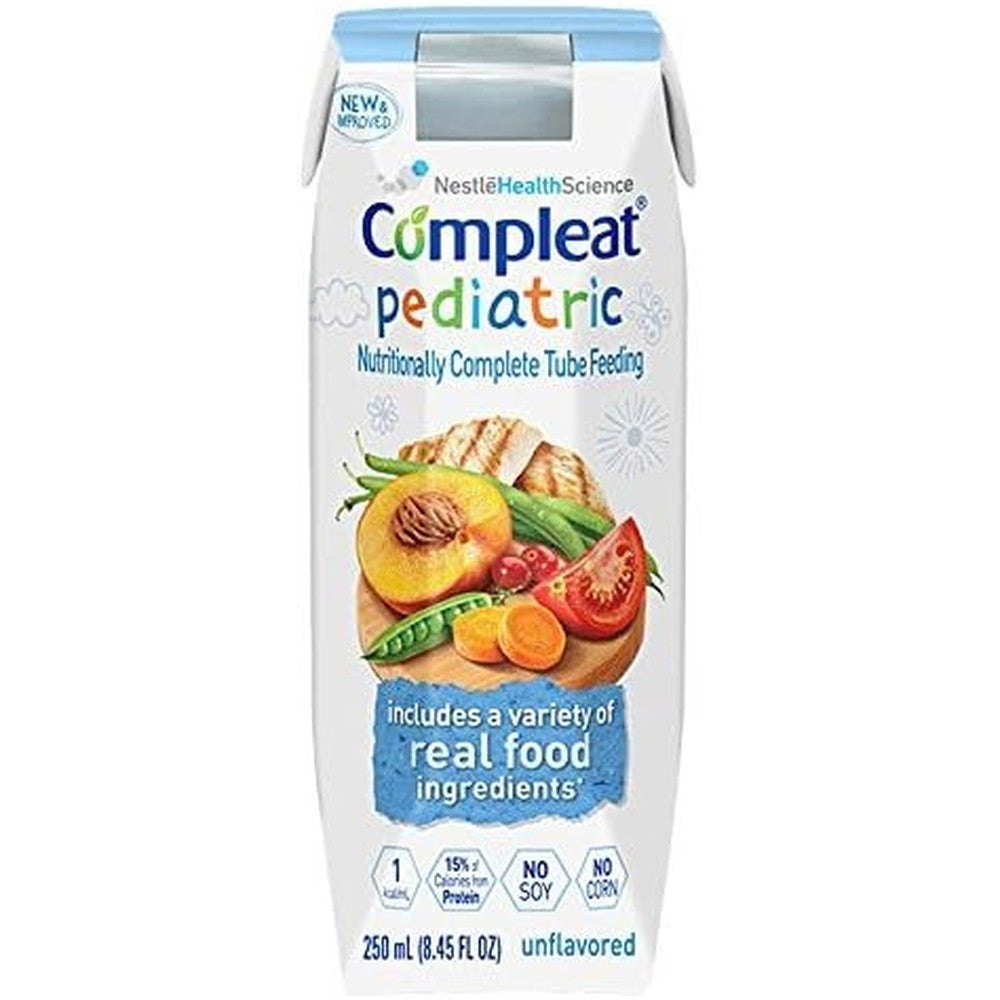 Nestle Compleat Pediatric unflavored tube feeding formula carton front view authentic medical nutrition product.