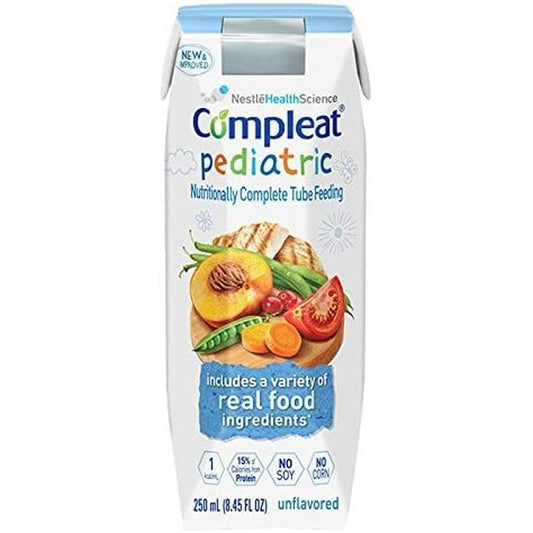 Nestle Compleat Pediatric unflavored tube feeding formula carton front view authentic medical nutrition product.