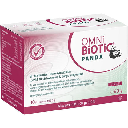 OMNi BiOTiC Panda probiotic supplement powder box front view showing maternal and infant care formulation
