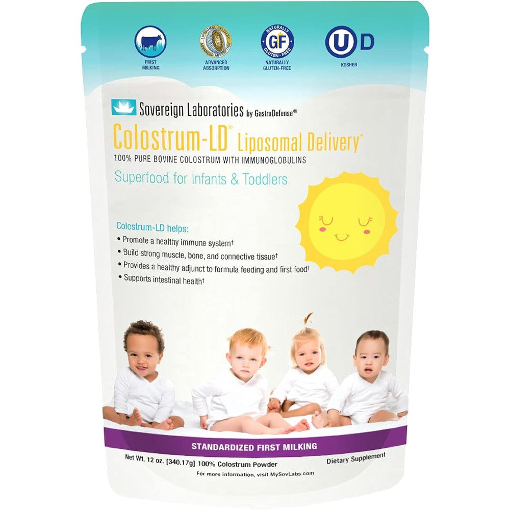 Sovereign Laboratories Colostrum-LD Infant and Toddler 12 Ounce front view liposomal colostrum powder for kids