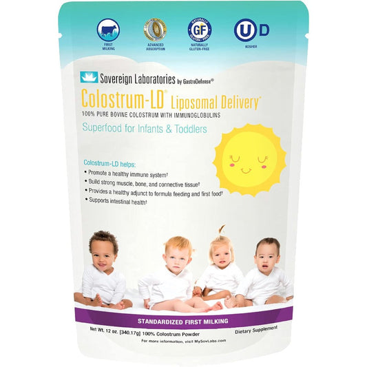 Sovereign Laboratories Colostrum-LD Infant and Toddler 12 Ounce front view liposomal colostrum powder for kids