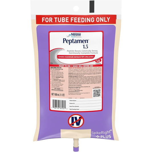 Nestle Peptamen 1.5 Tube Feeding Formula 1000 mL prefilled container front view for clinical nutrition.