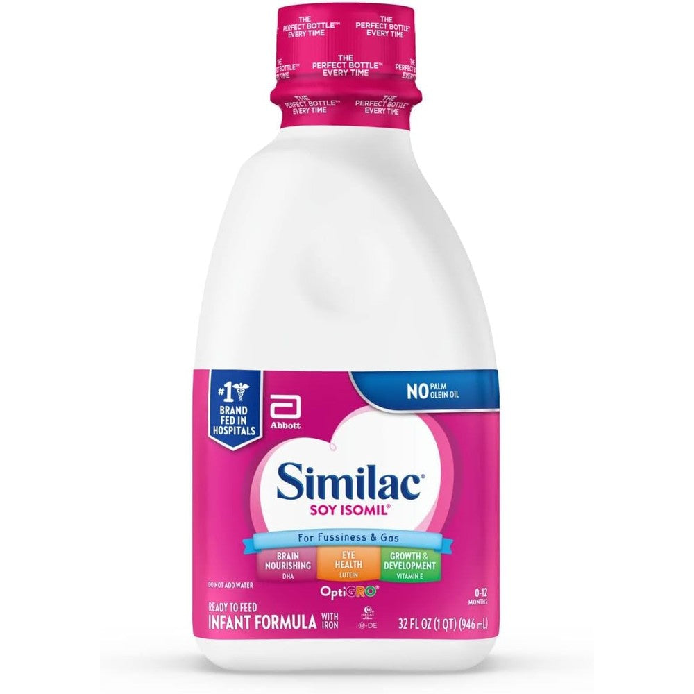 Similac Soy Isomil Ready to Feed Infant Formula front view bottle for fussiness and gas