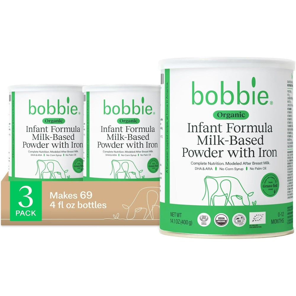 Bobbie Organic Baby Formula 3 pack front view of canisters with organic milk powder packaging.