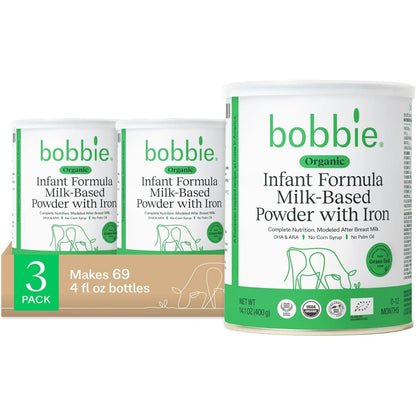 Bobbie Organic Baby Formula 3 pack front view of canisters with organic milk powder packaging.