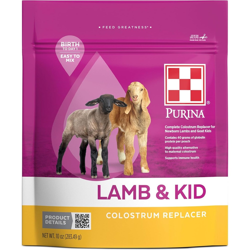 Purina Animal Nutrition Lamb and Kid Colostrum Replacer ten ounce pouch front view showing product packaging.