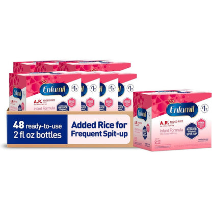 Enfamil AR ready to feed baby formula forty eight bottle pack front view showcasing reflux reduction benefits