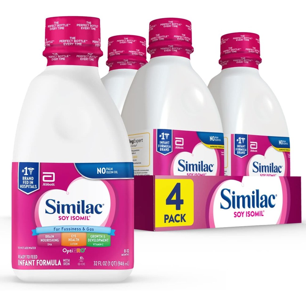 Similac Soy Isomil Infant Formula with Iron Ready to Feed front view of four pack bottles
