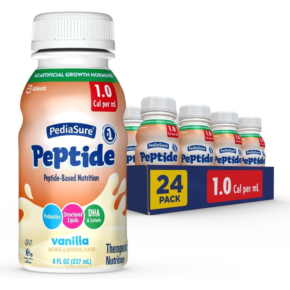 PediaSure Peptide 1.0 Cal Vanilla 8 Fluid Ounce front view bottle pack