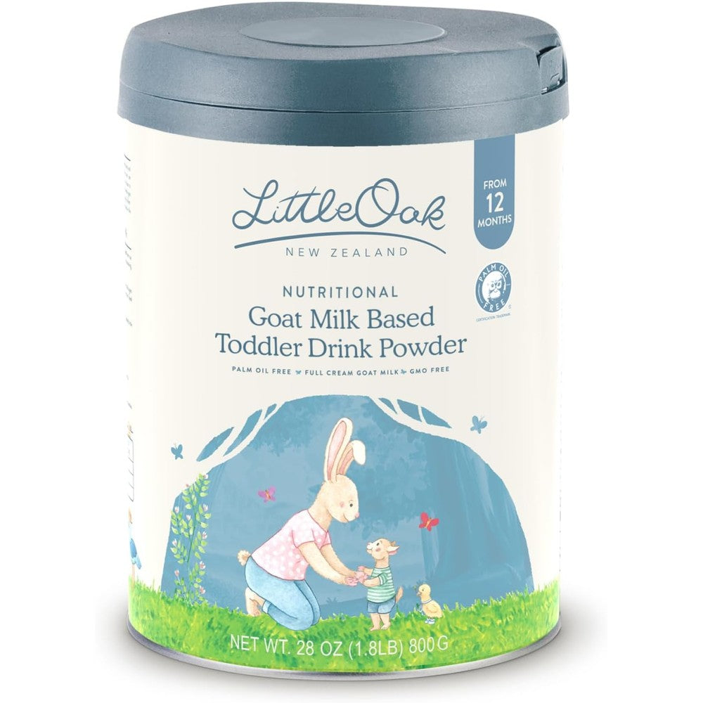 LittleOak Natural Goat Milk Toddler Drink front view of the packaging tin for clean label toddler nutrition