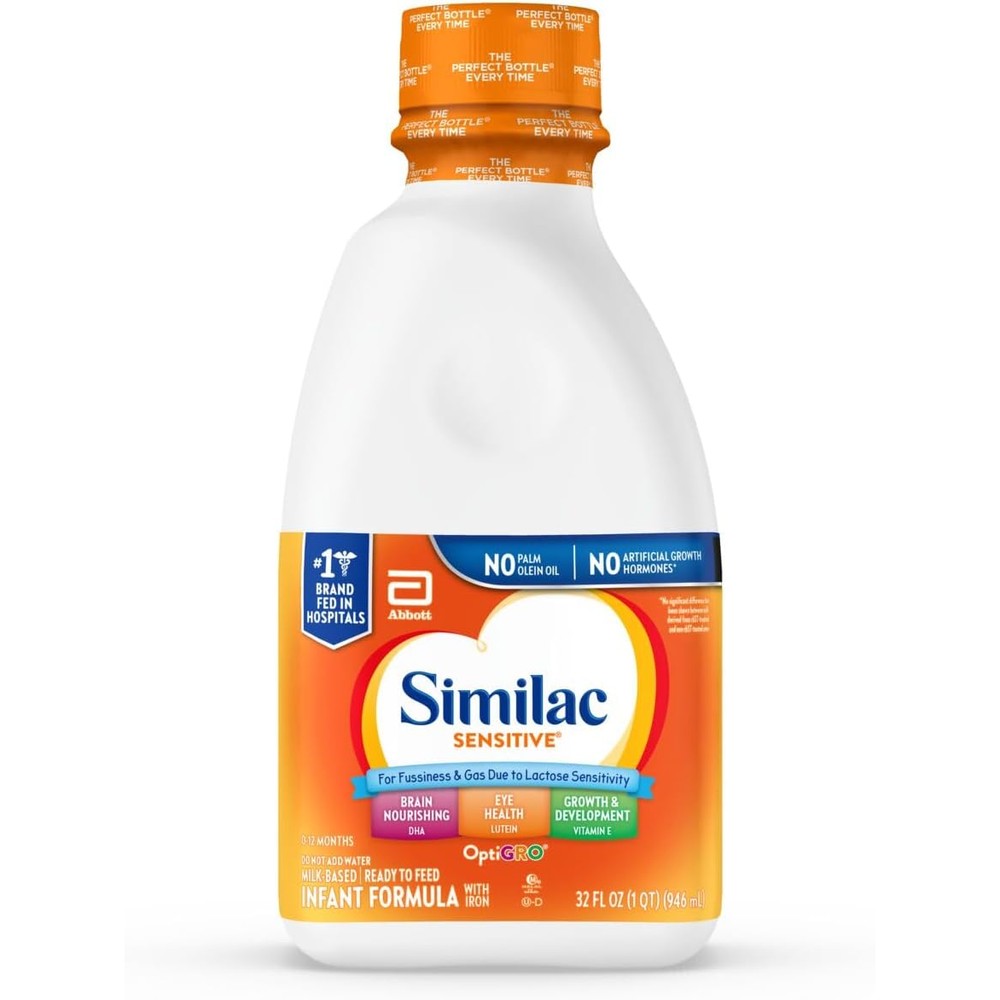Similac Sensitive Ready to Feed Infant Formula thirty two fluid ounce bottle front view showcasing product label