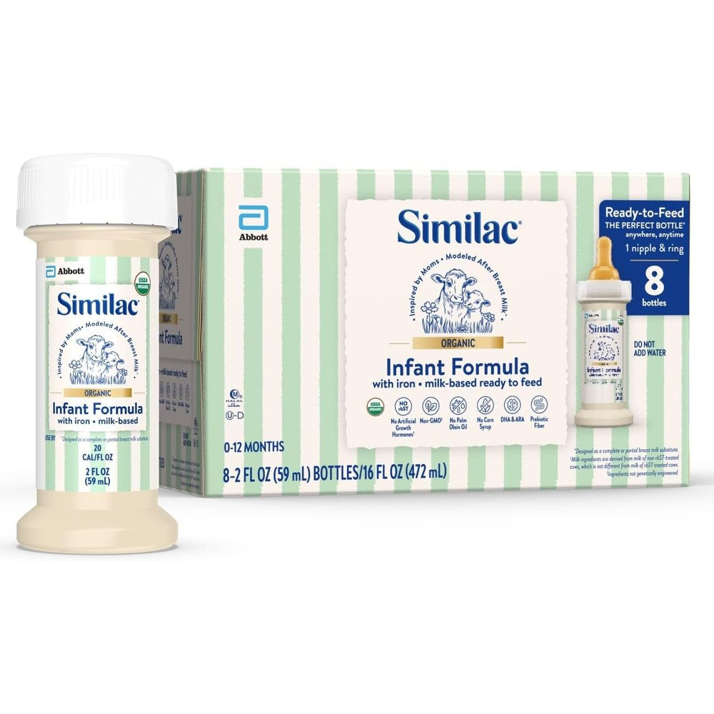 Similac Organic Infant Formula pack front view showing ready to feed liquid bottles for baby nutrition.