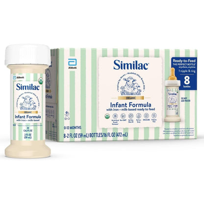 Similac Organic Infant Formula pack front view showing ready to feed liquid bottles for baby nutrition.