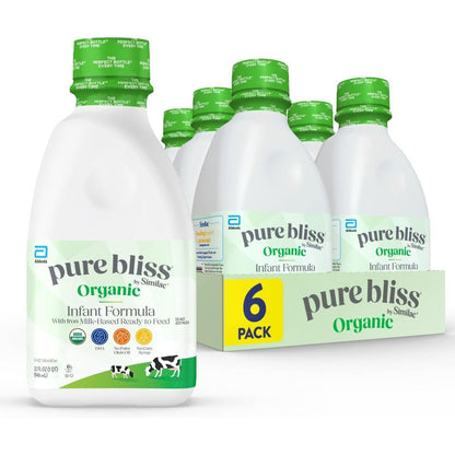 Similac Pure Bliss Organic Ready to Feed Infant Formula front packaging view showing clean organic baby formula bottles