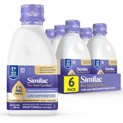 Similac Pro-Total Comfort Ready-To-Feed liquid infant formula bottle front view showcasing immune support benefits.
