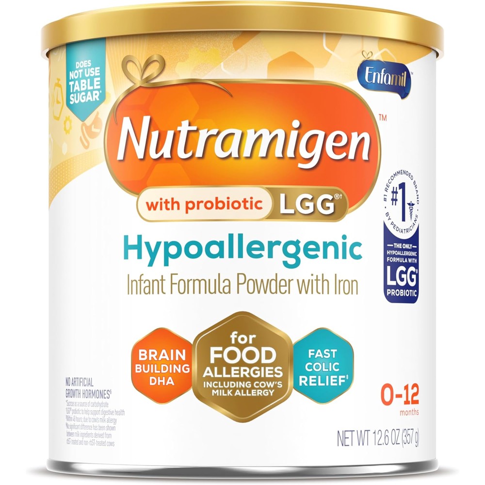 Enfamil Nutramigen hypoallergenic infant formula front view of 12.6 ounce powder can