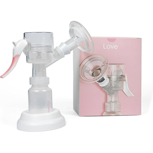 Limerick Love Manual Breast Pump front view showcasing the transparent handle and clear collection bottle.