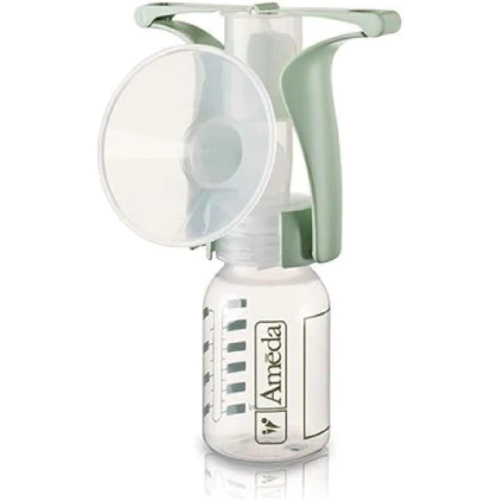 Ameda portable manual breast pump front view showing ergonomic handle and milk bottle.