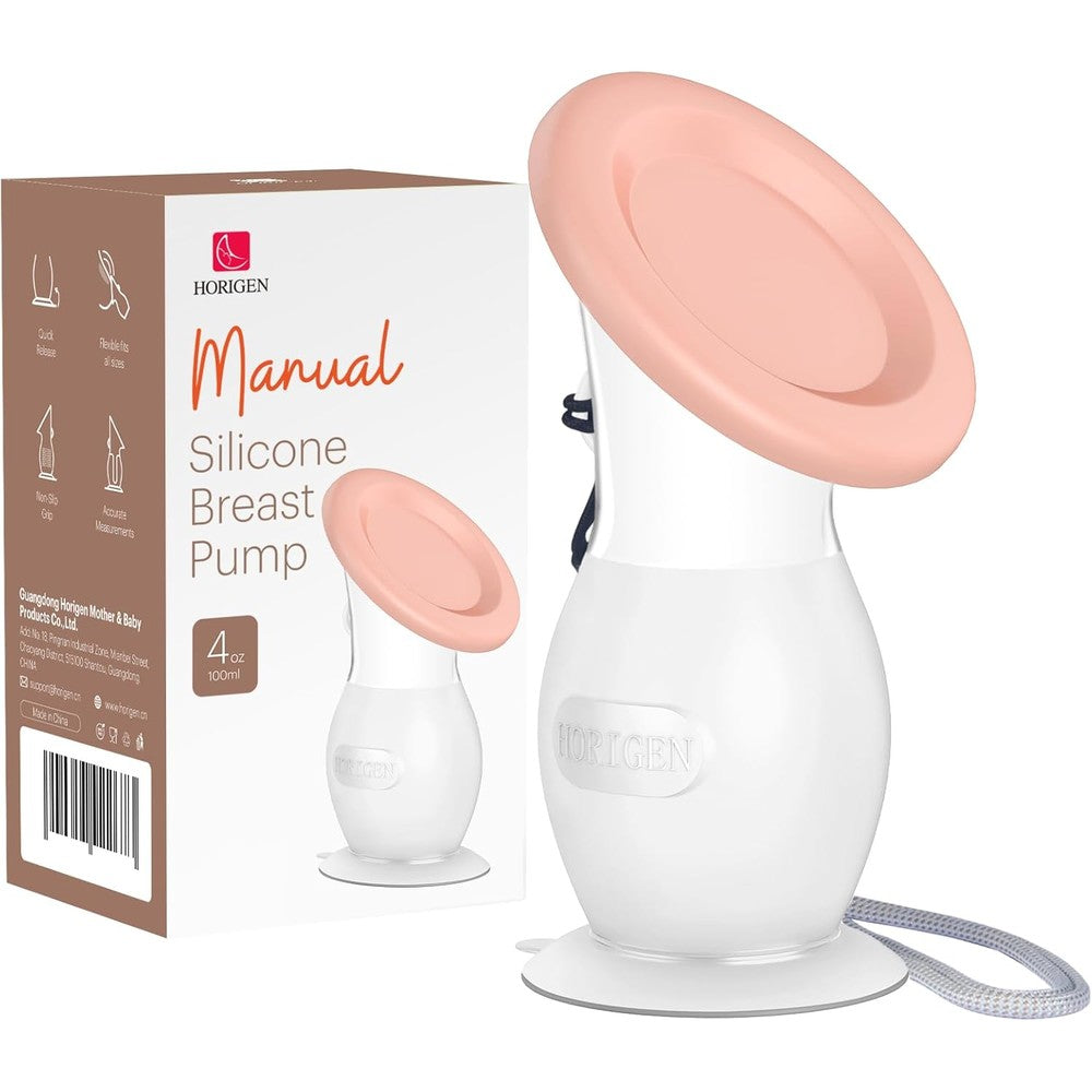 Horigen manual breast pump front view showing soft pink silicone flange and 4 ounce capacity markings