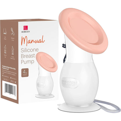 Horigen manual breast pump front view showing soft pink silicone flange and 4 ounce capacity markings