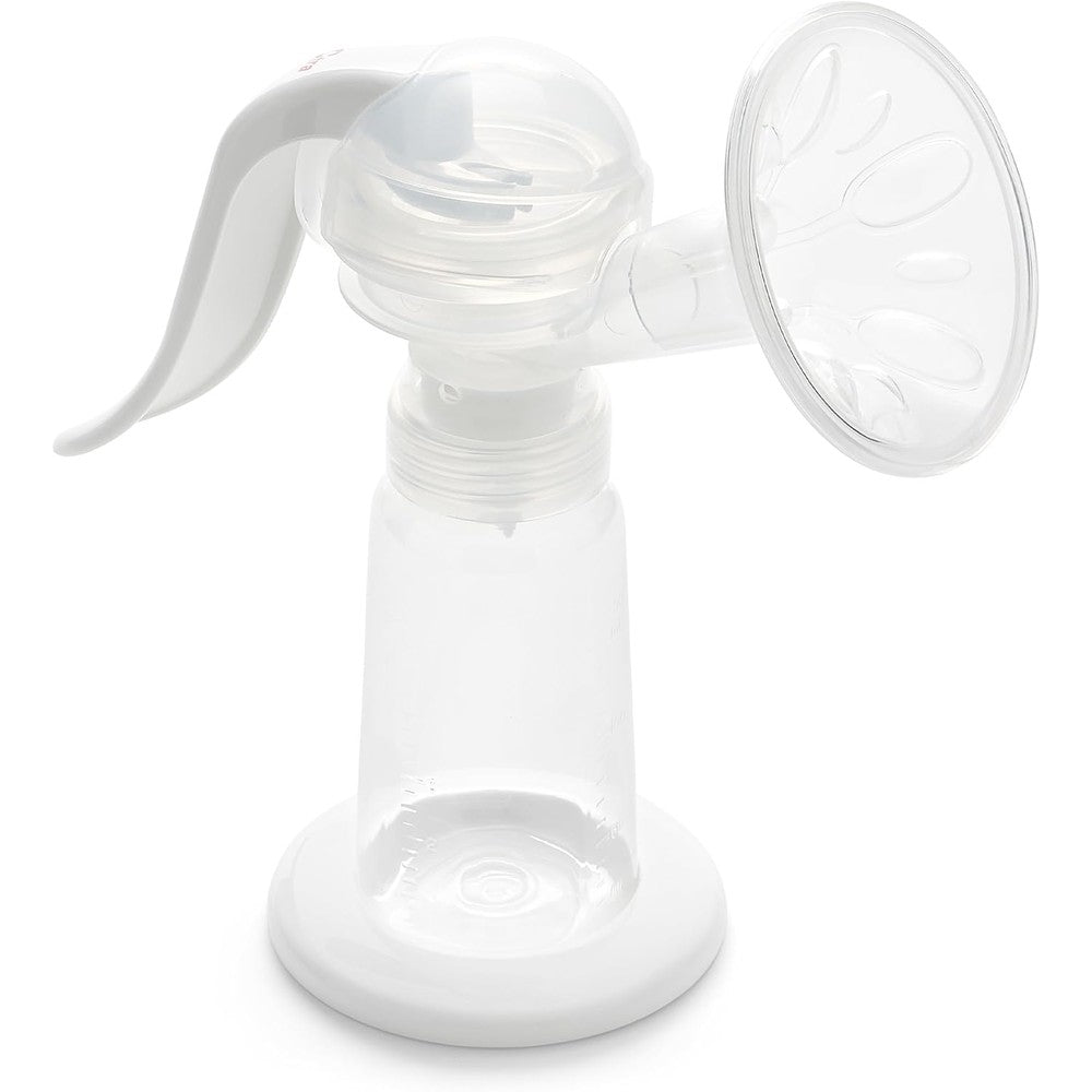 Spectra Handy Plus manual breast pump front view showing ergonomic handle and clear silicone massager insert