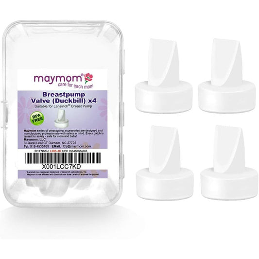 Maymom pump valve for Lansinoh breast pumps front view showing the 4 pack retail packaging