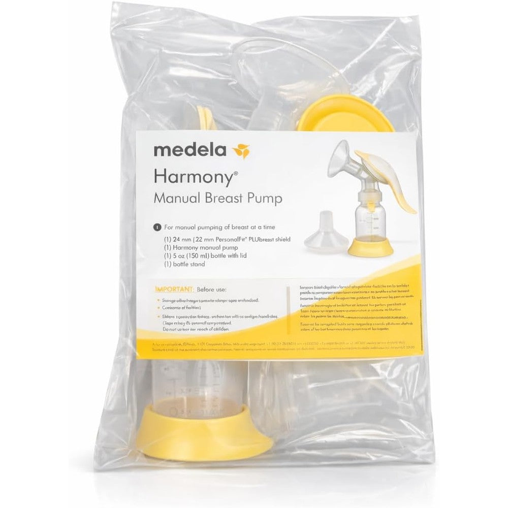 Medela Harmony Manual Breast Pump front view featuring ergonomic handle and attached collection bottle.