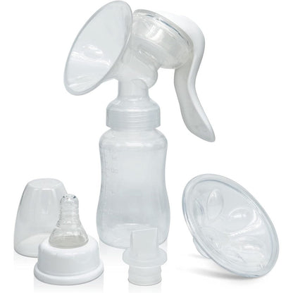 Durceler Manual Breast Pump front view showcasing the transparent 150ml bottle and ergonomic white handle.