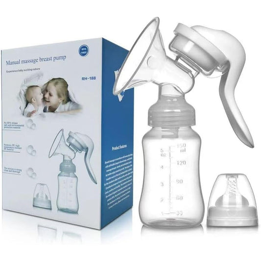 QISLOA manual breast pump front view showing ergonomic handle and transparent bottle