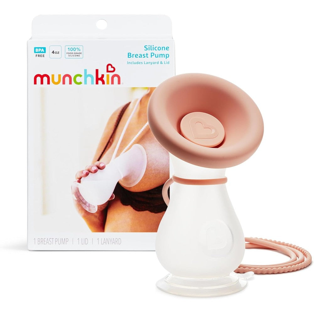 Munchkin Manual Breast Pump front view showcasing the clear food grade silicone body and pink lanyard.