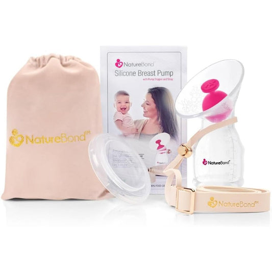 NatureBond silicone breastfeeding manual breast pump front view with pink stopper and lid.