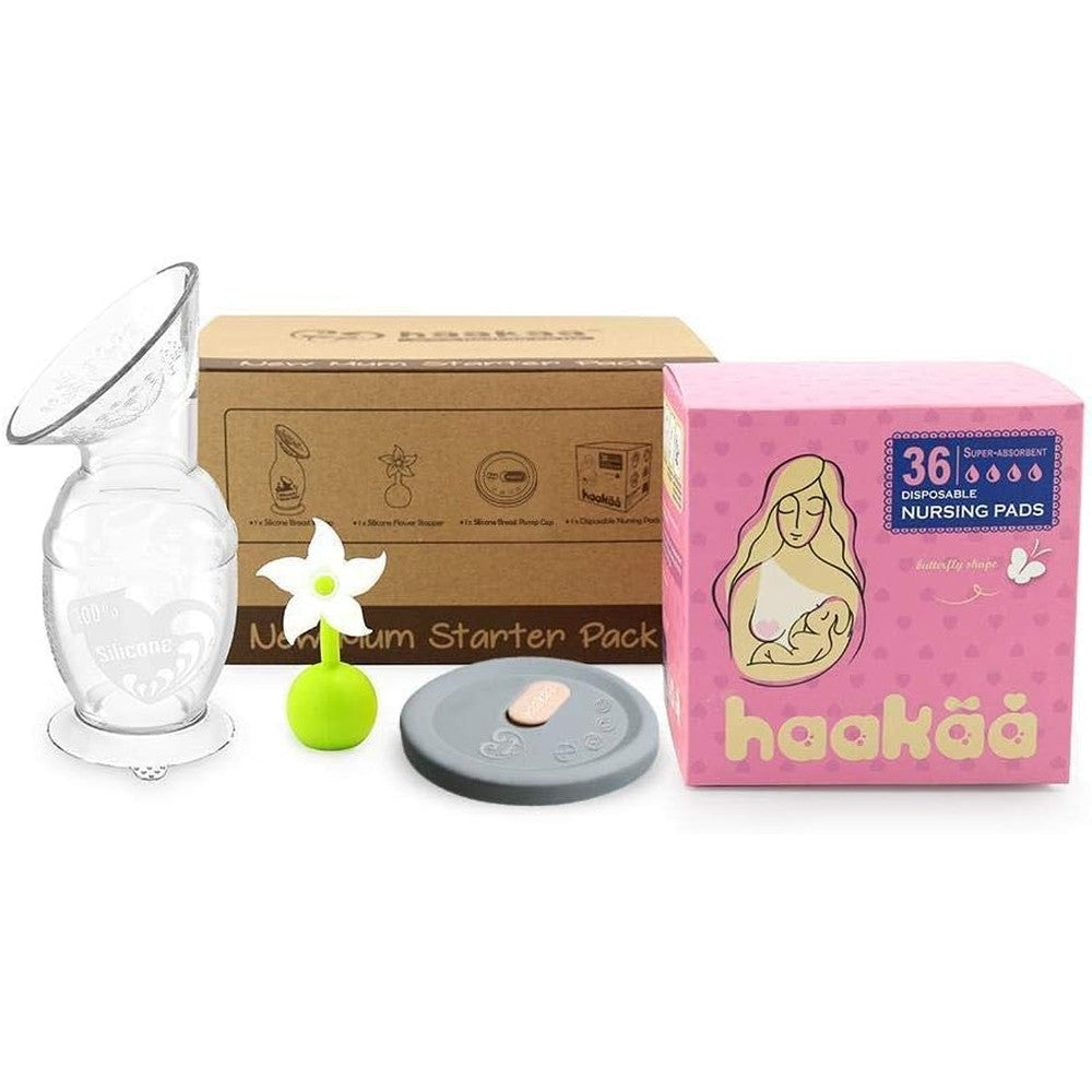 Haakaa New Mum Starter Pack front view of original gift box packaging containing silicone breast pump and breastfeeding accessories.
