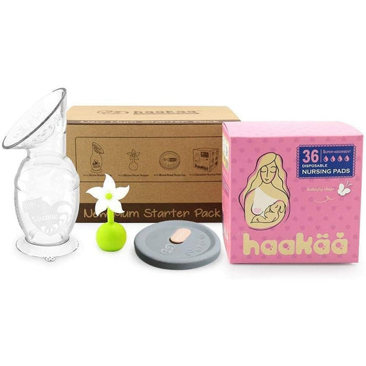 Haakaa New Mum Starter Pack front view of original gift box packaging containing silicone breast pump and breastfeeding accessories.