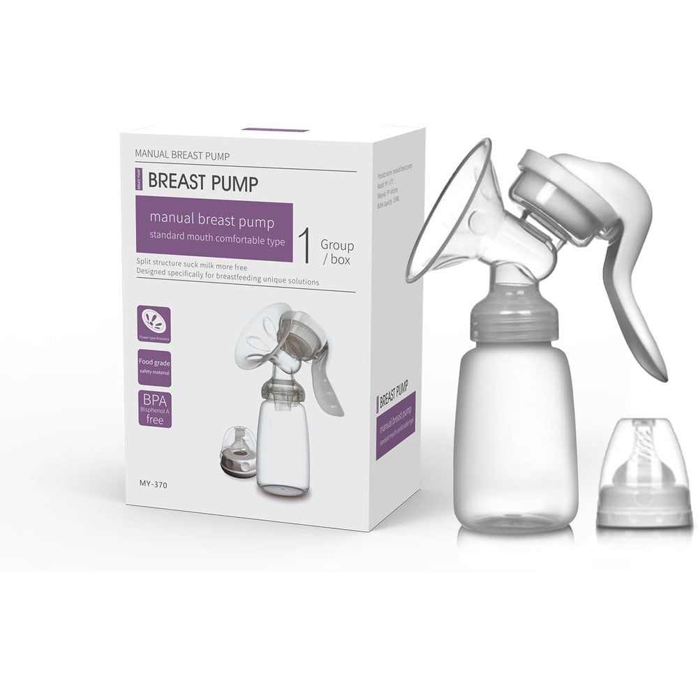 D Smart Gadgets Manual Breast Pump front view showcasing the ergonomic handle and five fluid ounce bottle