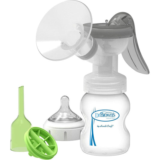 Dr. Brown's Manual Breast Pump front view with silicone shield and wide neck bottle.