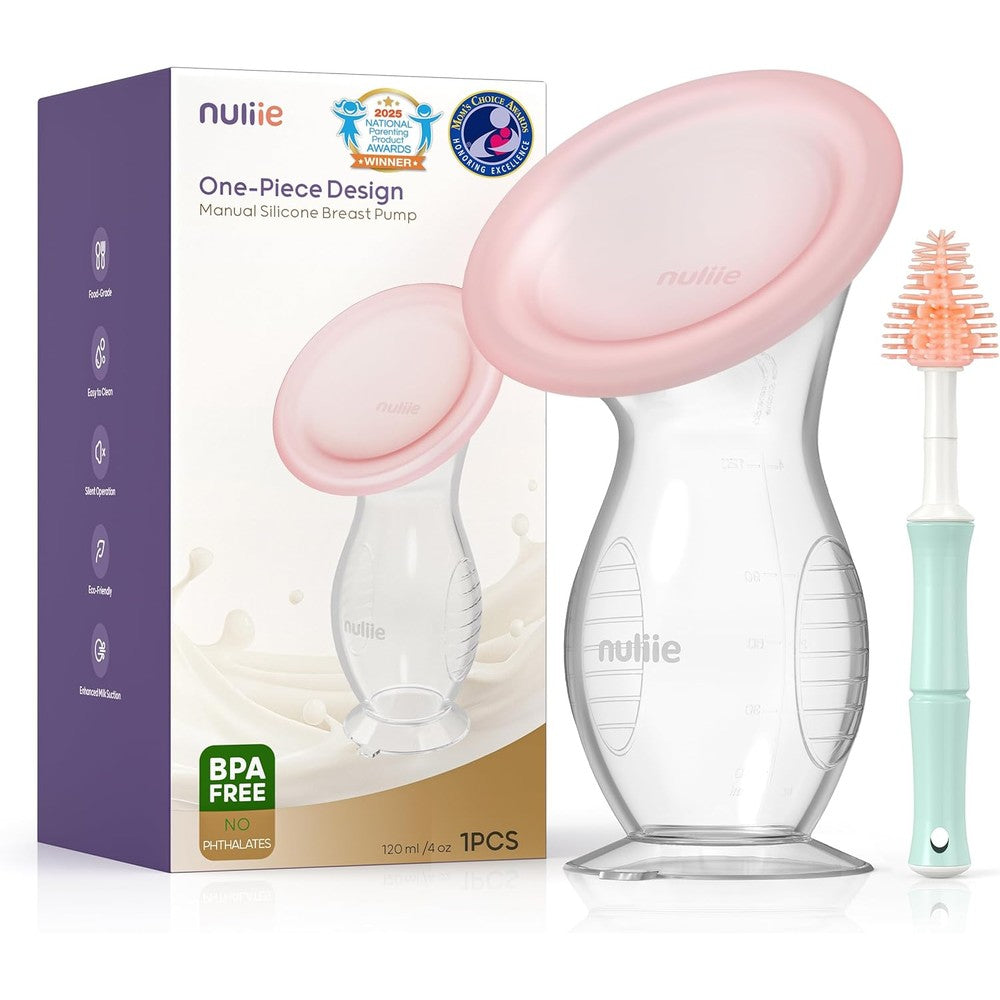 Nuliie silicone manual breast pump front view showing pink one piece design