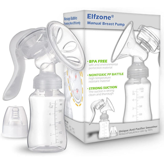 Elfzone Manual Breast Pump front view showing the 150ml silicone bottle and ergonomic handle
