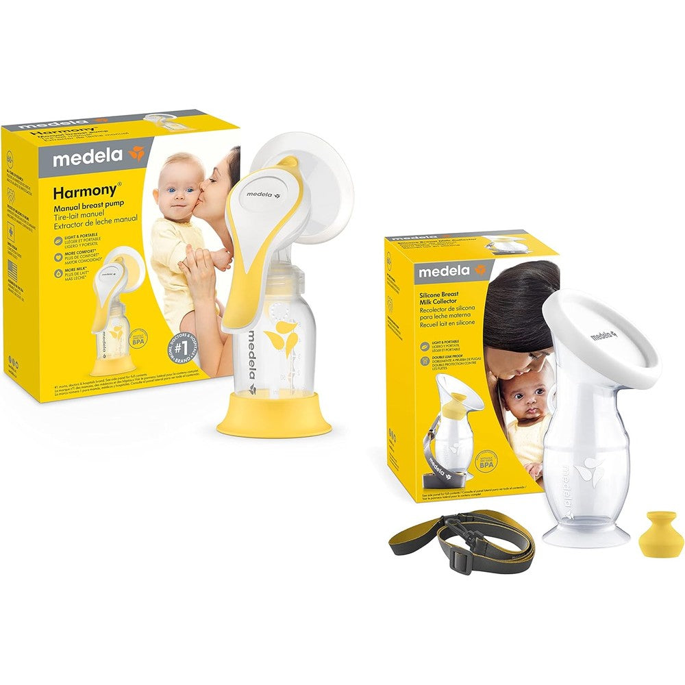 Medela Perfect Pair Bundle front view displaying the yellow manual breast pump and silicone collector kit