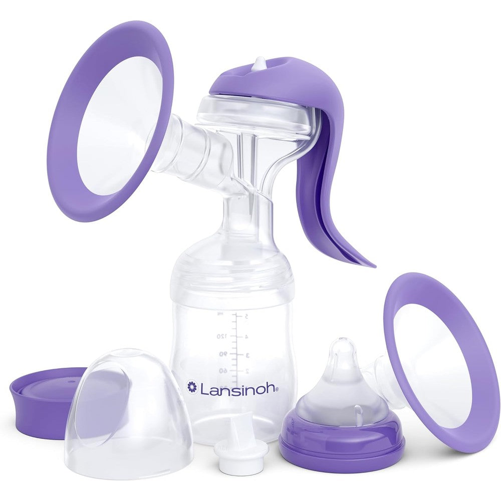 Lansinoh manual breast pump front view showing purple silicone flange and attached baby bottle
