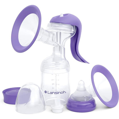 Lansinoh manual breast pump front view showing purple silicone flange and attached baby bottle