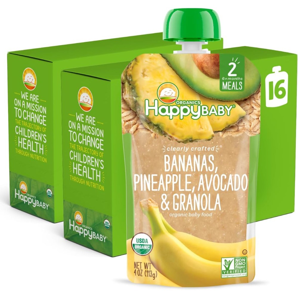 Happy Baby Organics Stage 2 banana pineapple avocado granola pouch front view