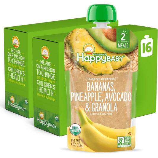 Happy Baby Organics Stage 2 banana pineapple avocado granola pouch front view