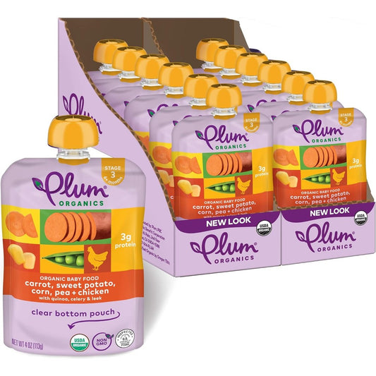 Plum Organics Stage 3 Carrot Sweet Potato and Chicken baby food pouch front view