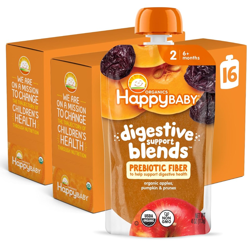Happy Baby Digestive Support Blends apple pumpkin and prune pouches front view