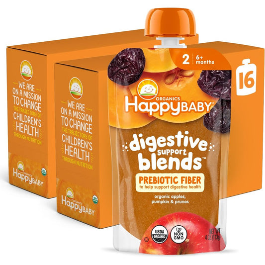 Happy Baby Digestive Support Blends apple pumpkin and prune pouches front view