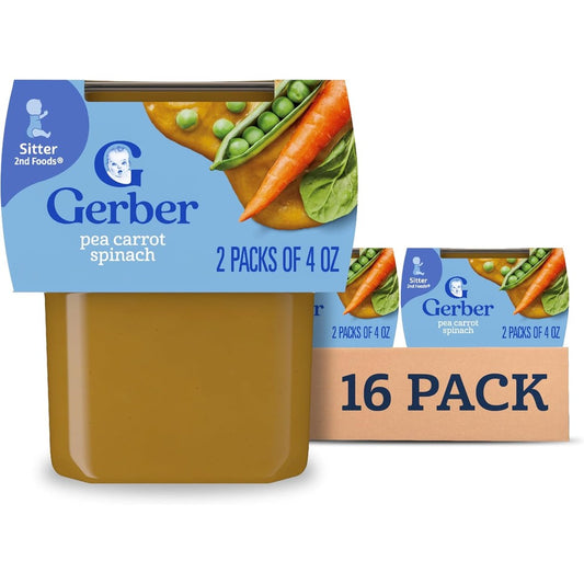 Gerber Stage 2 Pea Carrot and Spinach puree tubs front view