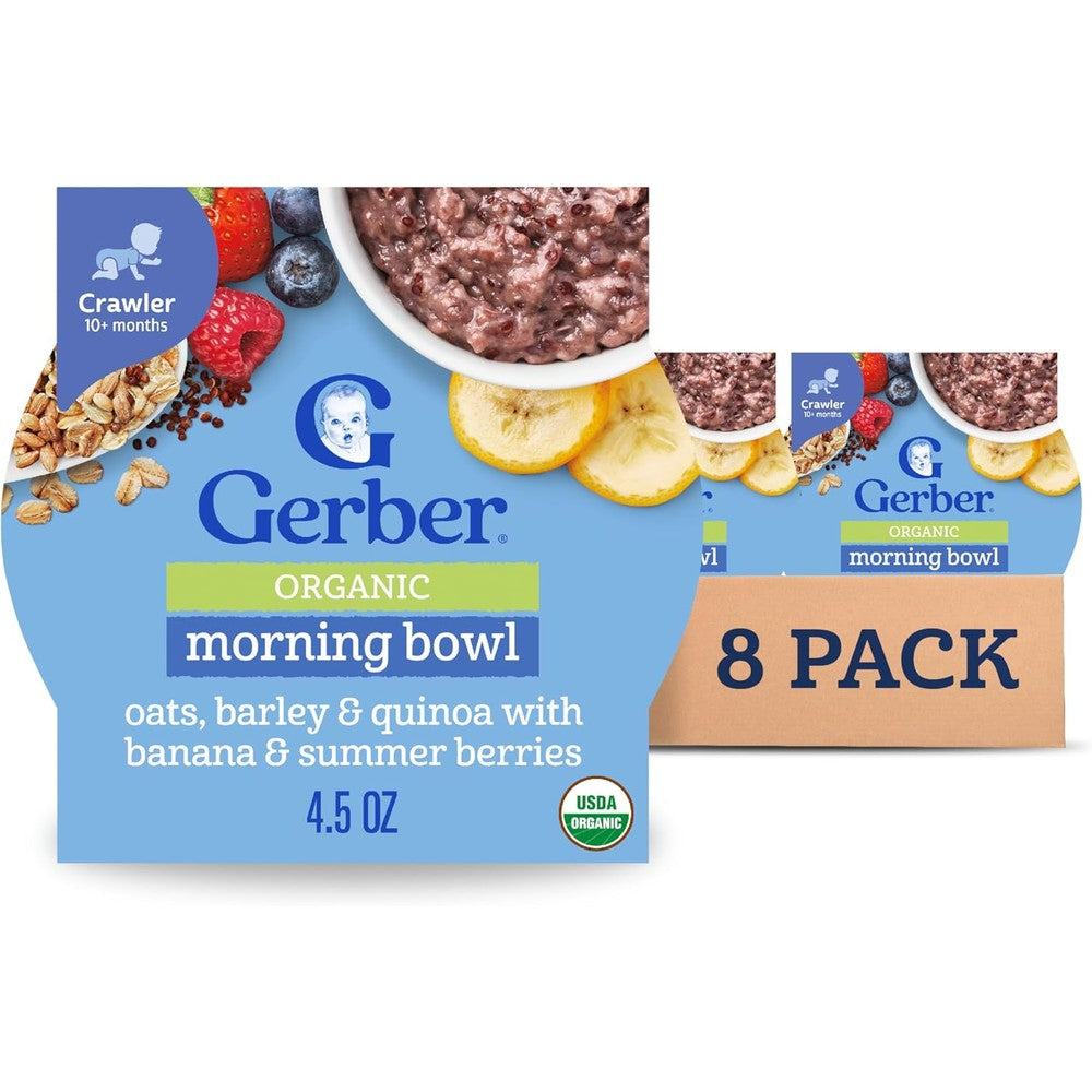 Gerber Organic Morning Bowl oats barley and quinoa 8 pack front view