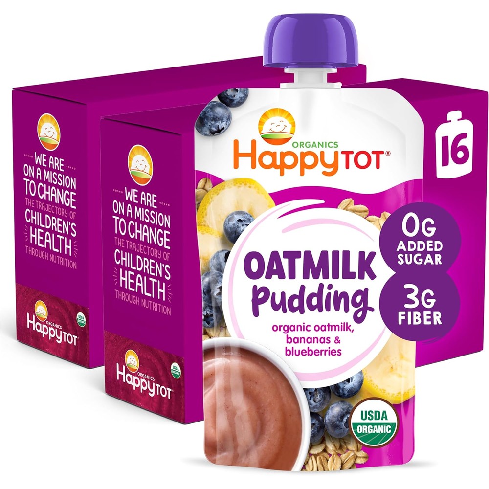 Happytot Organics Oatmilk Pudding front view with banana and blueberry flavor